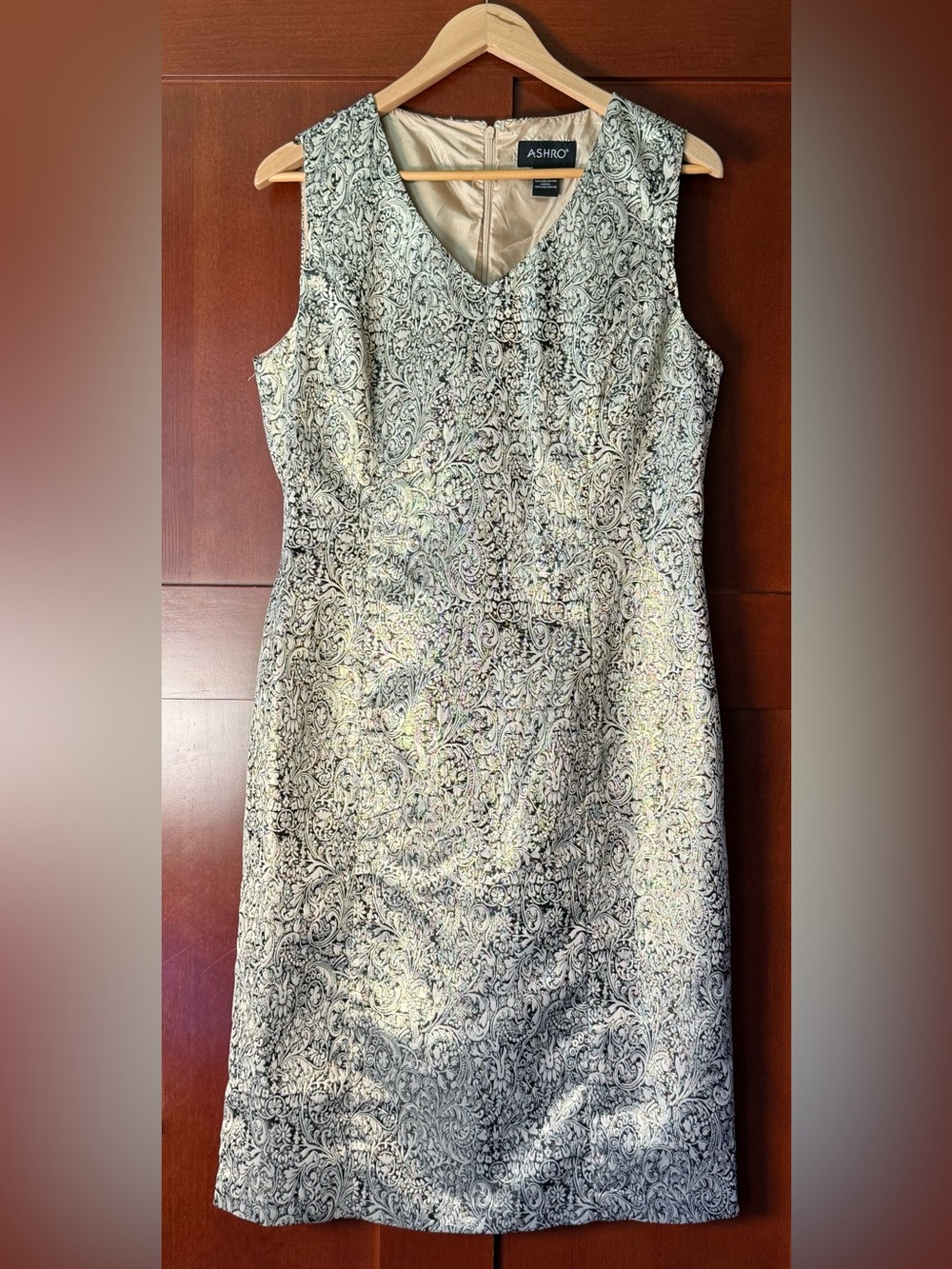 Ashro Metallic Paisley Jacquard Sheath Dress -Gold Silver Shimmer NWOT Size 12